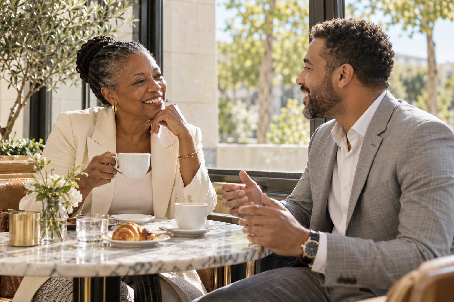 Two professionals in easy conversation over coffee beside a tall window.